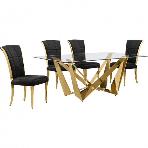 D401 5 Piece Dining Set in Tempered Glass, Polished Gold Stainless Steel & Black Velvet