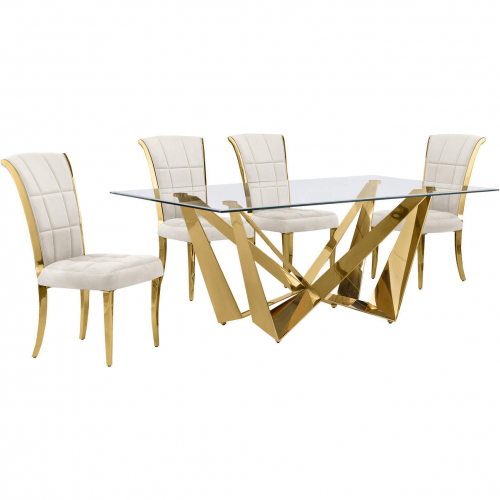 D401 5 Piece Dining Set in Tempered Glass, Polished Gold Stainless Steel & Cream Velvet