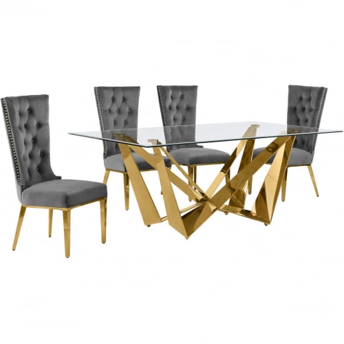 D401 5 Piece Dining Set in Tempered Glass, Polished Gold Stainless Steel & Dark Gray Velvet