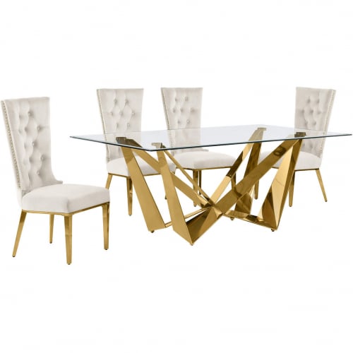 D401 5 Piece Dining Set in Tempered Glass, Polished Gold Stainless Steel & Cream Velvet