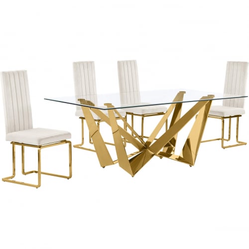 D401 5 Piece Dining Set in Tempered Glass, Polished Gold Stainless Steel & Cream Velvet