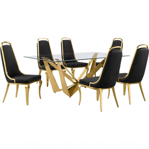 D401 7 Piece Dining Set in Tempered Glass, Polished Gold Stainless Steel & Black Velvet