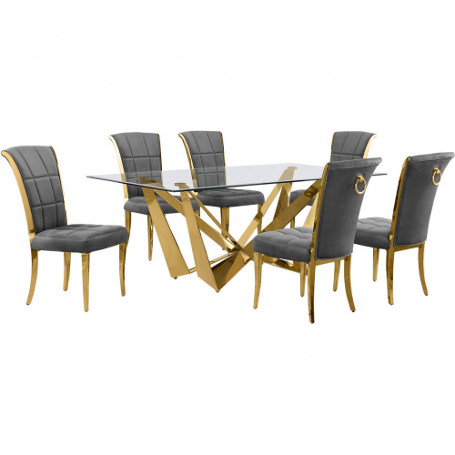 D401 7 Piece Dining Set in Tempered Glass, Polished Gold Stainless Steel & Dark Gray Velvet