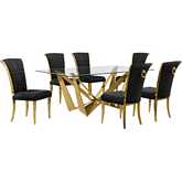 D401 7 Piece Dining Set in Tempered Glass, Polished Gold Stainless Steel & Black Velvet