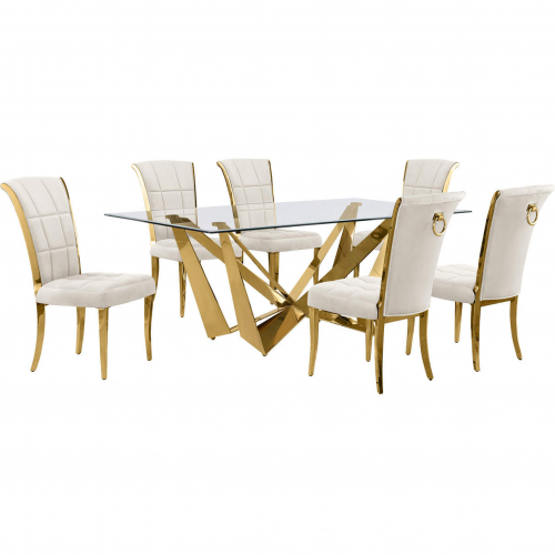 D401 7 Piece Dining Set in Tempered Glass, Polished Gold Stainless Steel & Cream Velvet