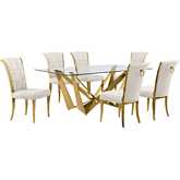 D401 7 Piece Dining Set in Tempered Glass, Polished Gold Stainless Steel & Cream Velvet