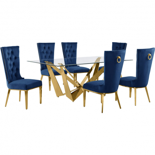 D401 7 Piece Dining Set in Tempered Glass, Polished Gold Stainless Steel & Navy Blue Velvet