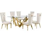 D401 7 Piece Dining Set in Tempered Glass, Polished Gold Stainless Steel & Cream Velvet