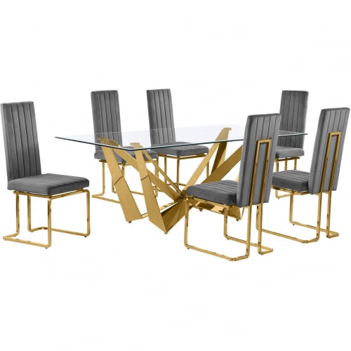 D401 7 Piece Dining Set in Tempered Glass, Polished Gold Stainless Steel & Dark Gray Velvet