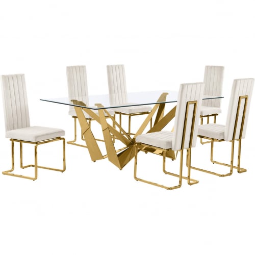 D401 7 Piece Dining Set in Tempered Glass, Polished Gold Stainless Steel & Cream Velvet