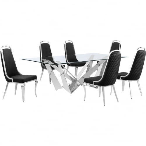 D402 7 Piece Dining Set in Tempered Glass, Polished Stainless Steel & Black Velvet