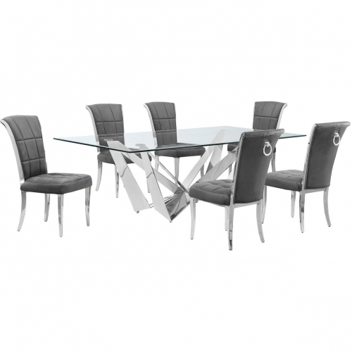 D402 7 Piece Dining Set in Tempered Glass, Polished Stainless Steel & Dark Gray Velvet