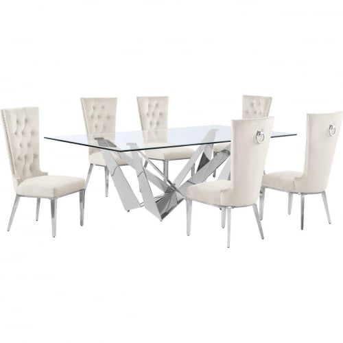 D402 7 Piece Dining Set in Tempered Glass, Polished Stainless Steel & Cream Velvet