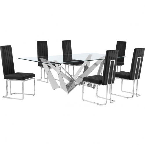 D402 7 Piece Dining Set in Tempered Glass, Polished Stainless Steel & Black Velvet