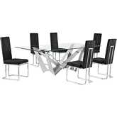 D402 7 Piece Dining Set in Tempered Glass, Polished Stainless Steel & Black Velvet