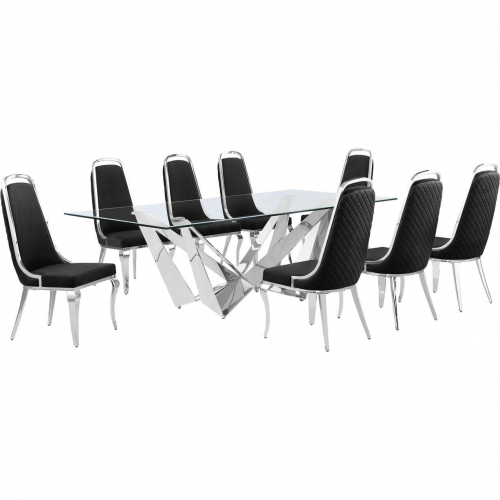 D402 9 Piece Dining Set in Tempered Glass, Polished Stainless Steel & Black Velvet