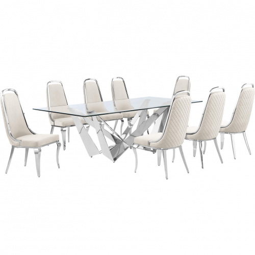 D402 9 Piece Dining Set in Tempered Glass, Polished Stainless Steel & Cream Velvet