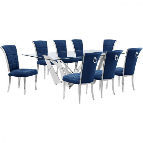 D402 9 Piece Dining Set in Tempered Glass, Polished Stainless Steel & Navy Blue Velvet