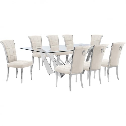 D402 9 Piece Dining Set in Tempered Glass, Polished Stainless Steel & Cream Velvet