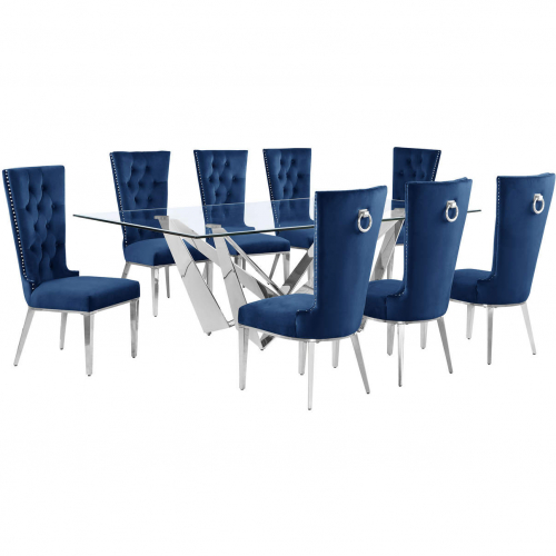 D402 9 Piece Dining Set in Tempered Glass, Polished Stainless Steel & Navy Blue Velvet