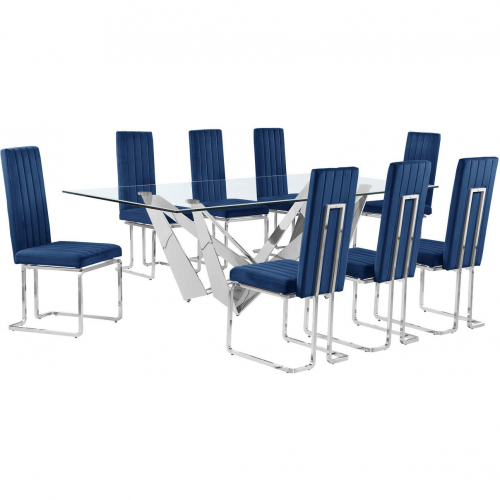 D402 9 Piece Dining Set in Tempered Glass, Polished Stainless Steel & Navy Blue Velvet