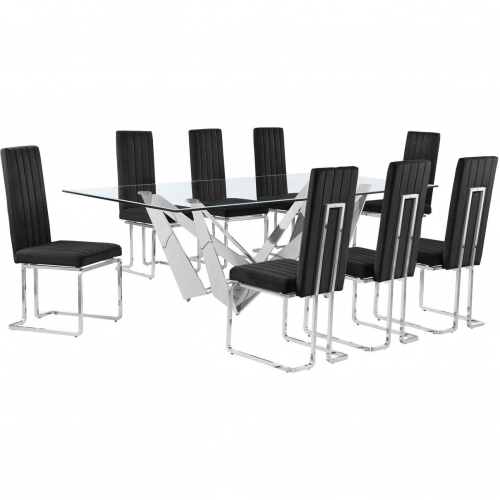 D402 9 Piece Dining Set in Tempered Glass, Polished Stainless Steel & Black Velvet