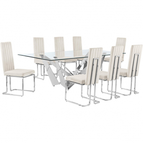 D402 9 Piece Dining Set in Tempered Glass, Polished Stainless Steel & Cream Velvet