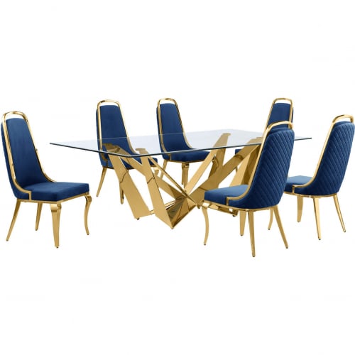 D403 7 Piece Dining Set in Tempered Glass, Polished Gold Stainless Steel & Navy Blue Velvet