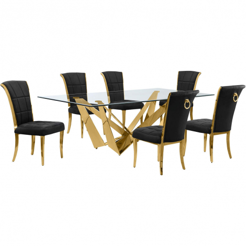 D403 7 Piece Dining Set in Tempered Glass, Polished Gold Stainless Steel & Black Velvet