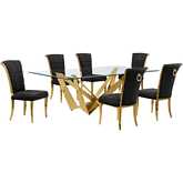 D403 7 Piece Dining Set in Tempered Glass, Polished Gold Stainless Steel & Black Velvet