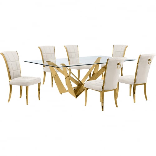 D403 7 Piece Dining Set in Tempered Glass, Polished Gold Stainless Steel & Cream Velvet