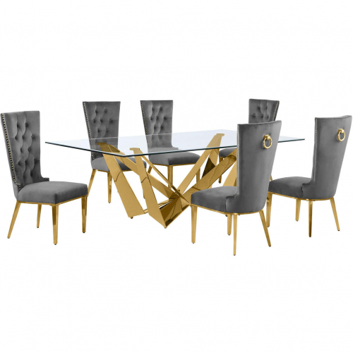 D403 7 Piece Dining Set in Tempered Glass, Polished Gold Stainless Steel & Dark Gray Velvet