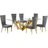 D403 7 Piece Dining Set in Tempered Glass, Polished Gold Stainless Steel & Dark Gray Velvet