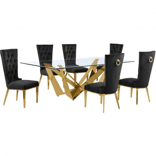 D403 7 Piece Dining Set in Tempered Glass, Polished Gold Stainless Steel & Black Velvet