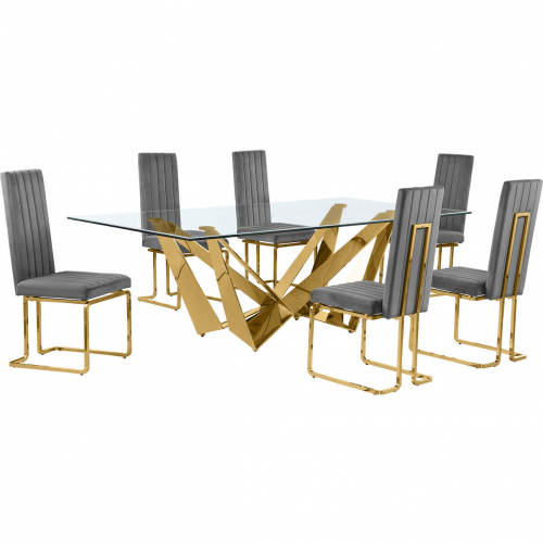 D403 7 Piece Dining Set in Tempered Glass, Polished Gold Stainless Steel & Dark Gray Velvet