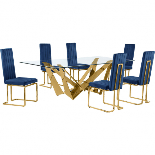 D403 7 Piece Dining Set in Tempered Glass, Polished Gold Stainless Steel & Navy Blue Velvet