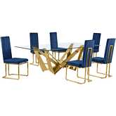 D403 7 Piece Dining Set in Tempered Glass, Polished Gold Stainless Steel & Navy Blue Velvet