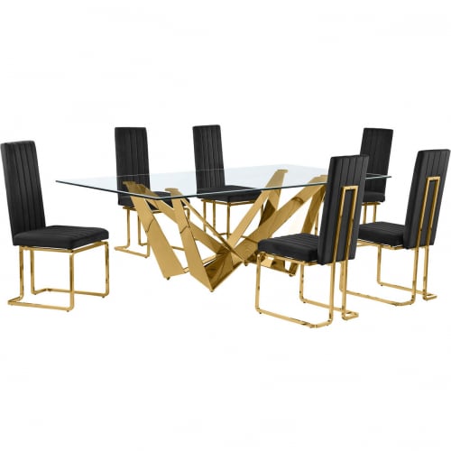 D403 7 Piece Dining Set in Tempered Glass, Polished Gold Stainless Steel & Black Velvet