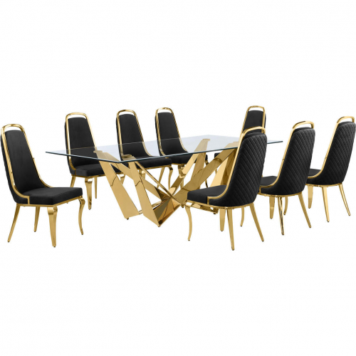 D403 9 Piece Dining Set in Tempered Glass, Polished Gold Stainless Steel & Black Velvet