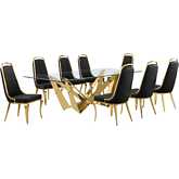 D403 9 Piece Dining Set in Tempered Glass, Polished Gold Stainless Steel & Black Velvet