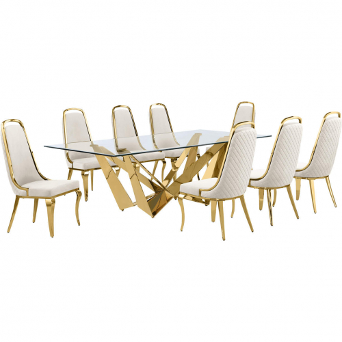 D403 9 Piece Dining Set in Tempered Glass, Polished Gold Stainless Steel & Cream Velvet