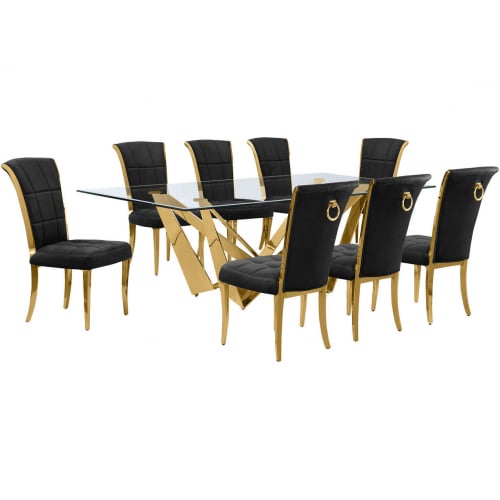 D403 9 Piece Dining Set in Tempered Glass, Polished Gold Stainless Steel & Black Velvet