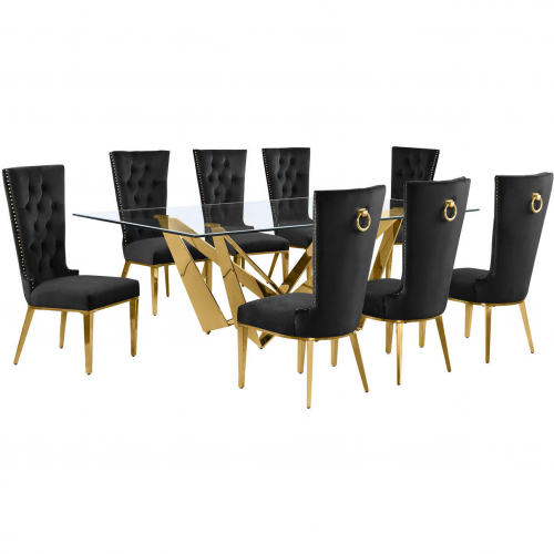 D403 9 Piece Dining Set in Tempered Glass, Polished Gold Stainless Steel & Black Velvet