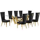 D403 9 Piece Dining Set in Tempered Glass, Polished Gold Stainless Steel & Black Velvet