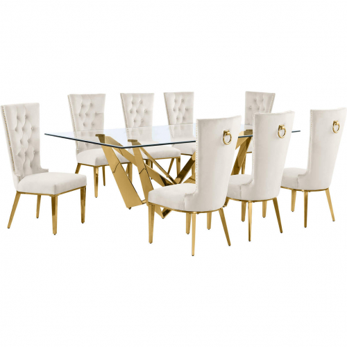 D403 9 Piece Dining Set in Tempered Glass, Polished Gold Stainless Steel & Cream Velvet