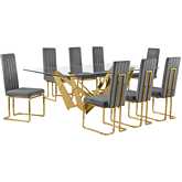 D403 9 Piece Dining Set in Tempered Glass, Polished Gold Stainless Steel & Dark Gray Velvet