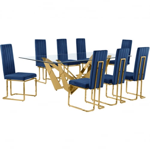 D403 9 Piece Dining Set in Tempered Glass, Polished Gold Stainless Steel & Navy Blue Velvet