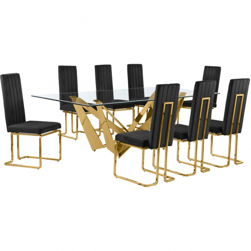 D403 9 Piece Dining Set in Tempered Glass, Polished Gold Stainless Steel & Black Velvet