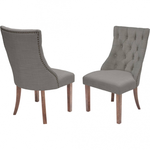 D41 Dining Chair in Tufted Gray Linen & Walnut Finish Wood (Set of 2)