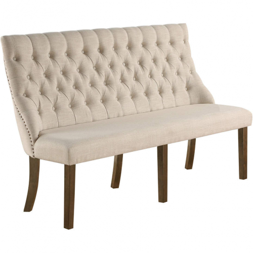 D42 Dining Bench in Walnut Finish Wood & Tufted Beige Linen Fabric